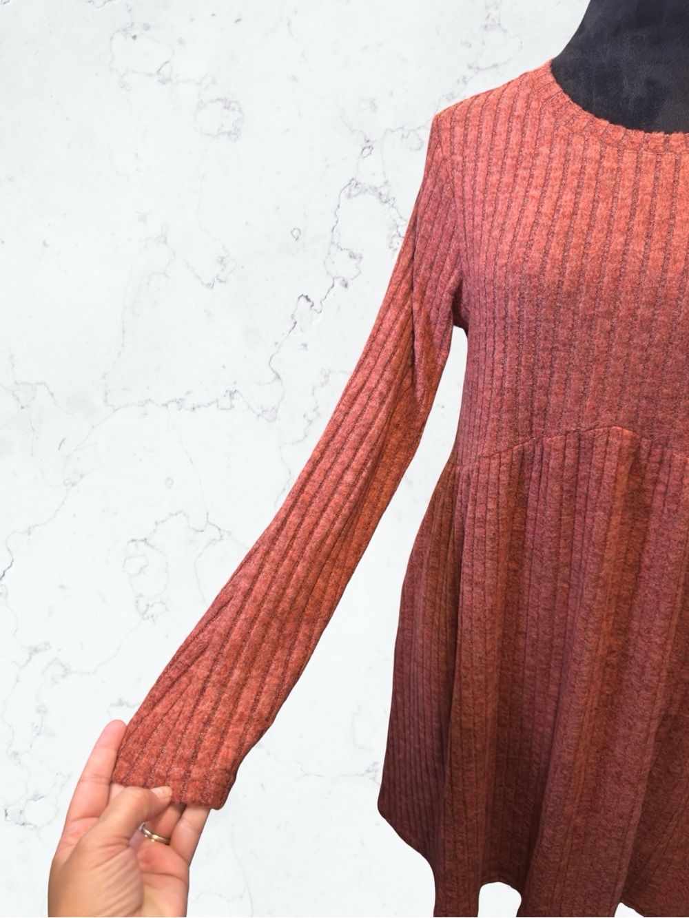 OFEEFAN Ribbed Knit Long Sleeve Tunic Dress Boho Casual Pockets Empire Waist M - Picture 6 of 13